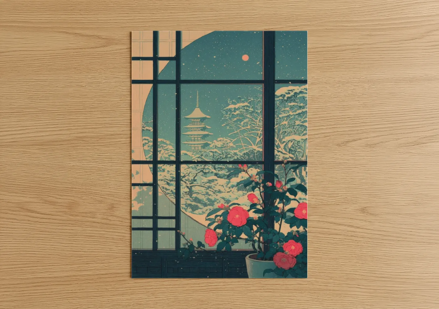 Japanese Pagoda Snowy Window Scene Wall Art
