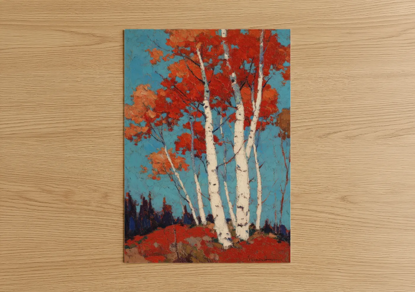 Autumn Birch Trees Red Orange Leaves Wall Art