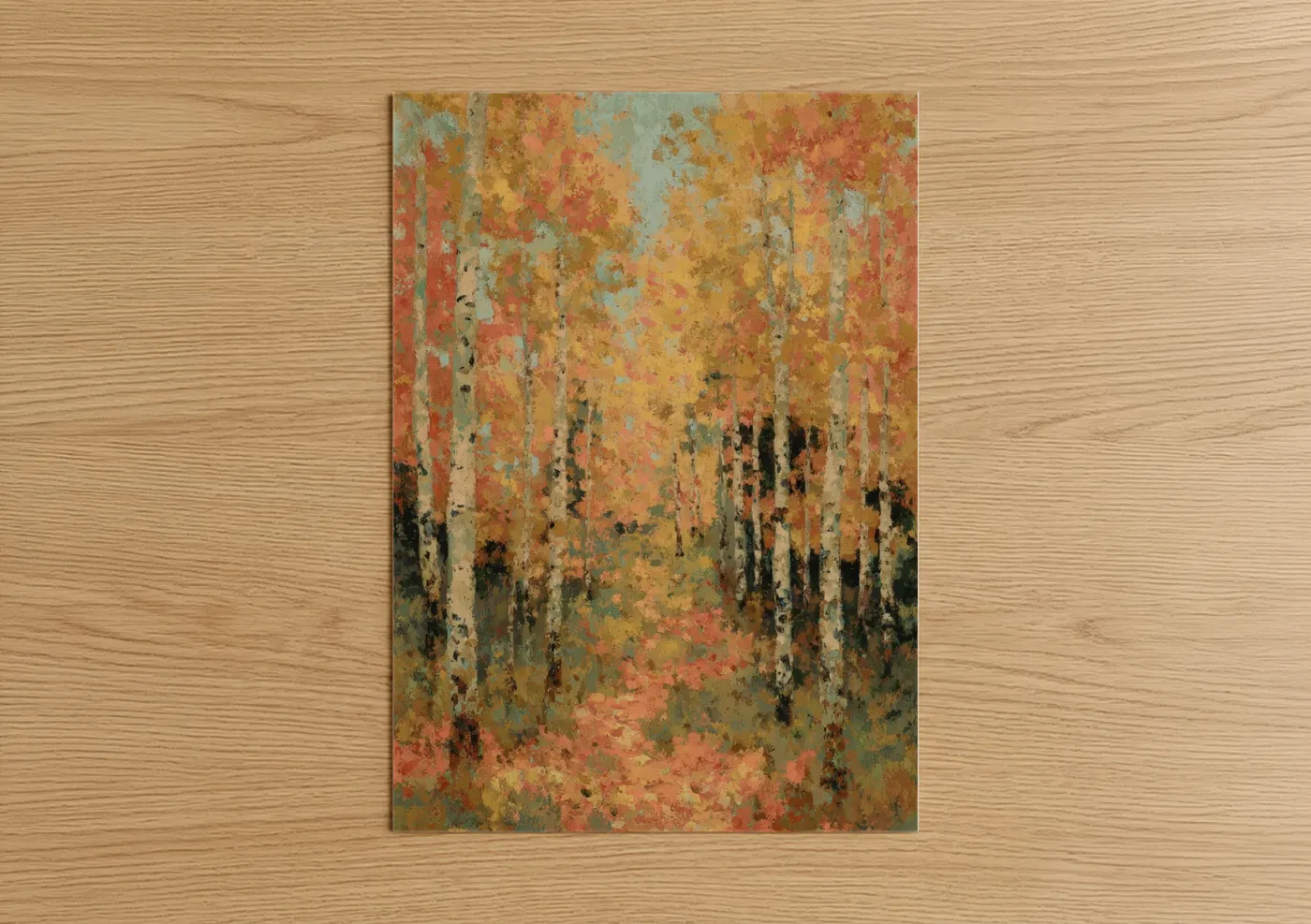 Art print on warm oak wood — gold palette — Autumn Aspen Forest poster
