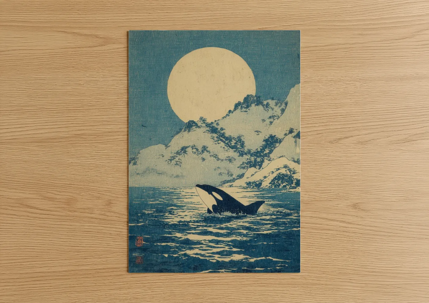 Orca Whale Moonlit Ocean Japanese Wall Art