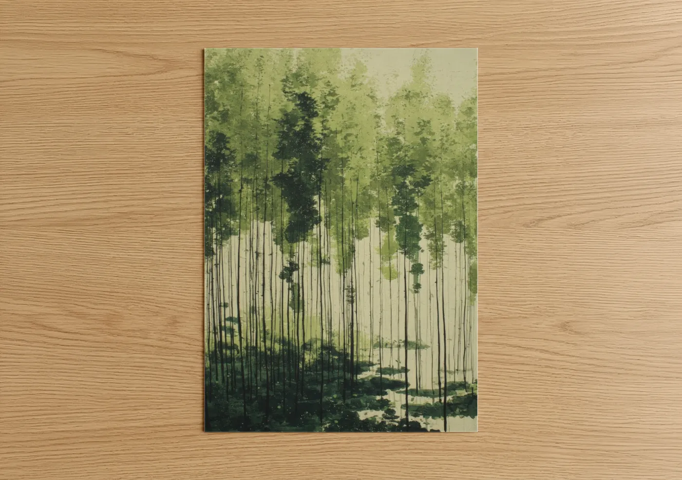 Forest trees art print on warm oak wood — light green and cream palette — Misty Pine Forest poster