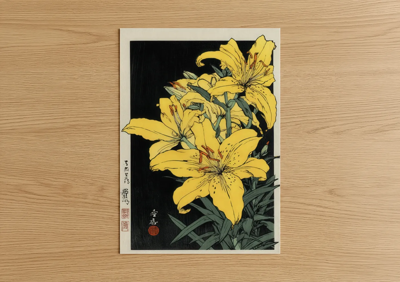 Golden Amarillys Japanese Woodblock Wall Art