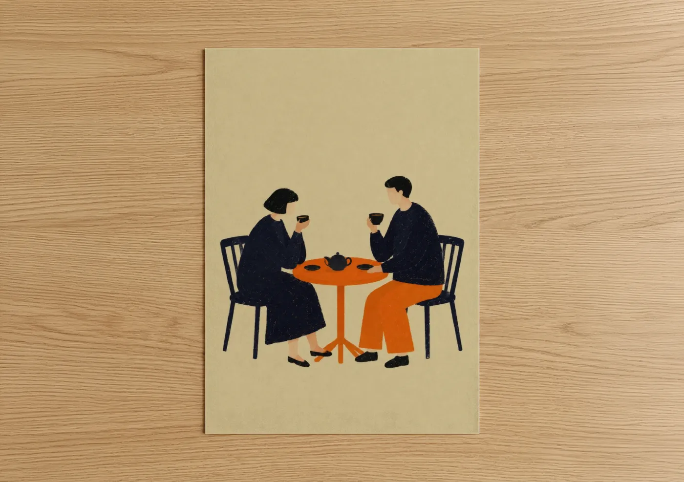 Art print on warm oak wood — orange and beige palette — Couple Tea Time Minimalist Wall Art poster