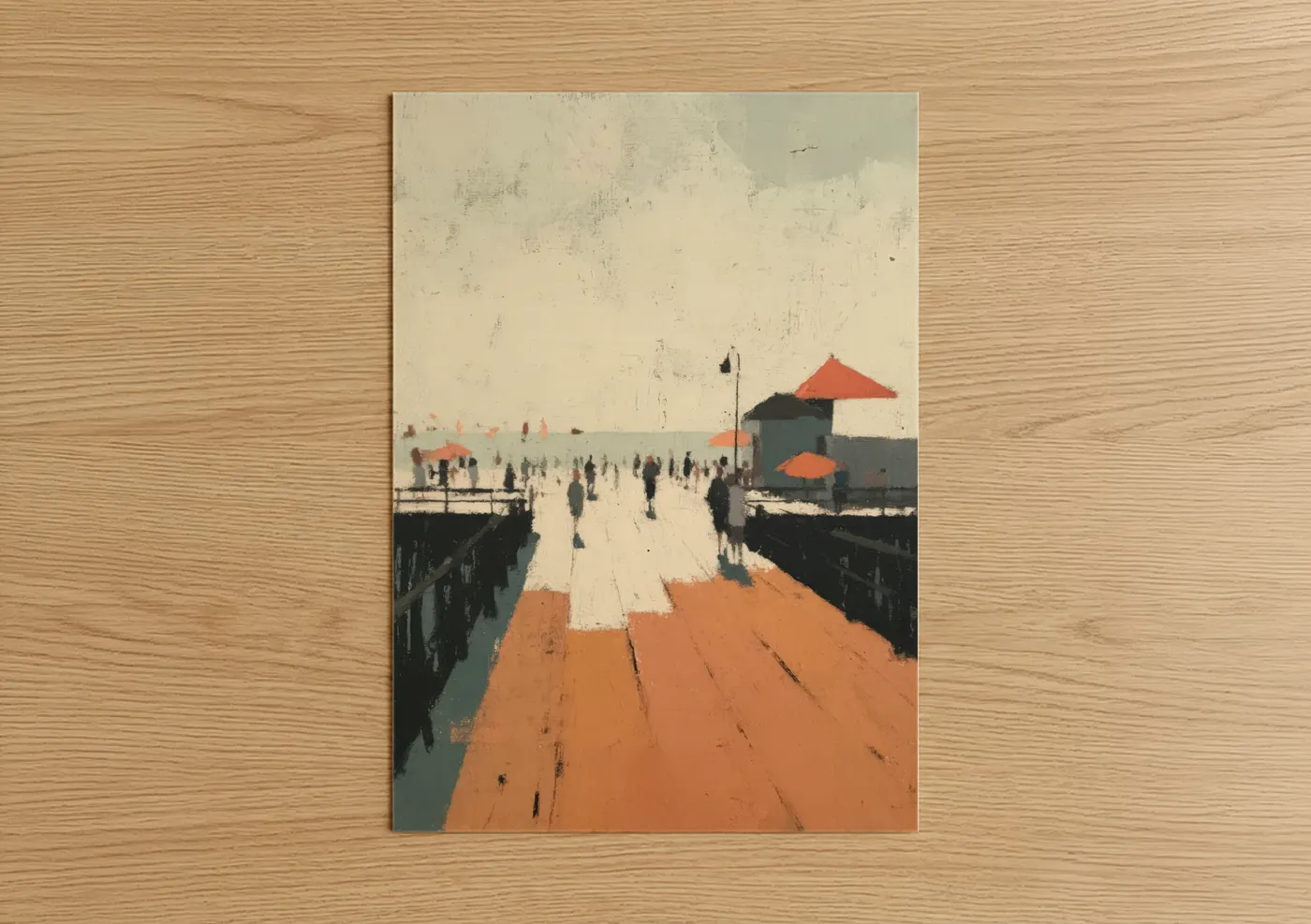Docks and piers art print on warm oak wood — cream and pumpkin palette — Bustling Pier Walk poster
