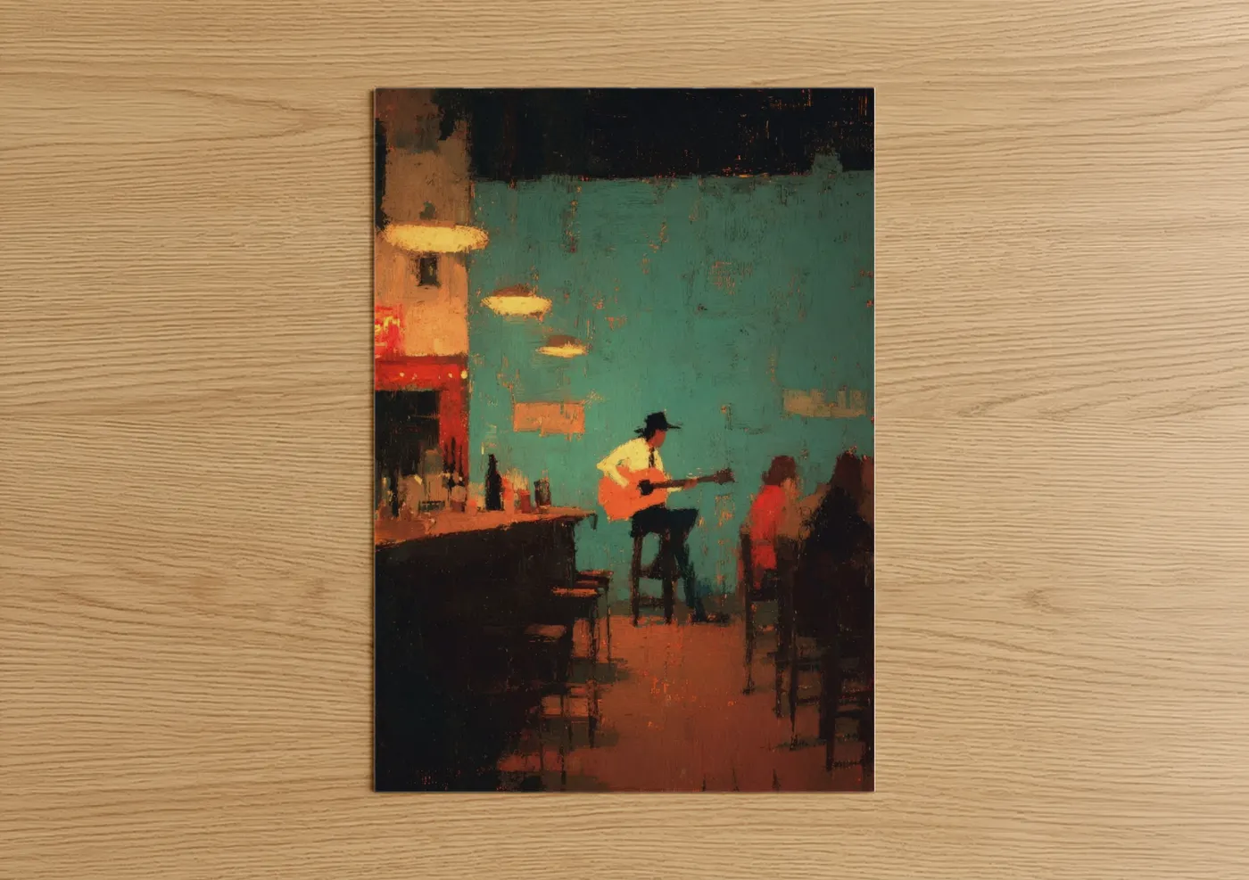 Country art print on warm oak wood — teal and orange palette — Honky Tonk Performer poster