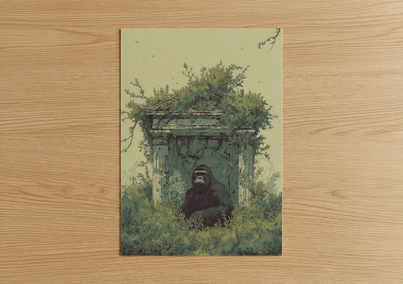 Gorilla in Overgrown Ruins Illustration Wall Art