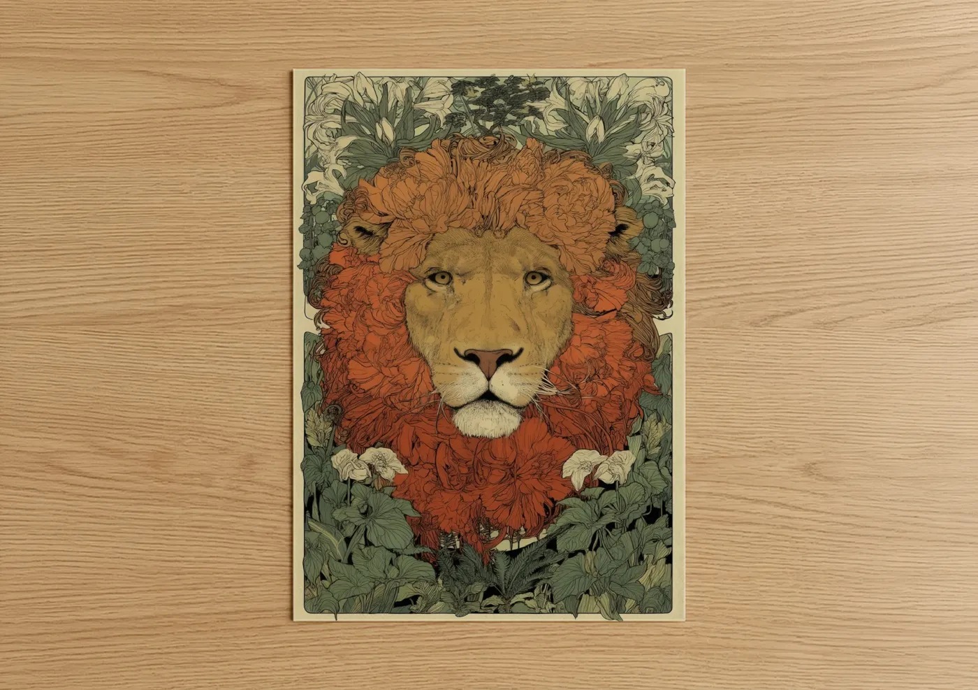 Art print on warm oak wood — sage green palette — Botanical Lion poster