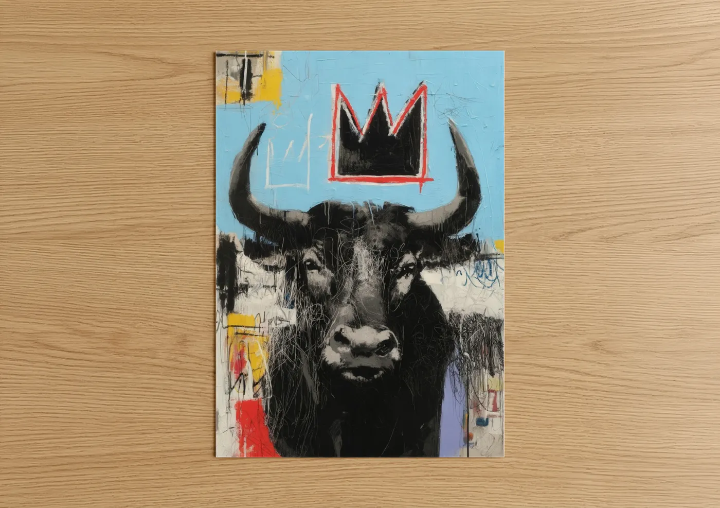Art print on warm oak wood — blue and black palette — Crowned Bull poster