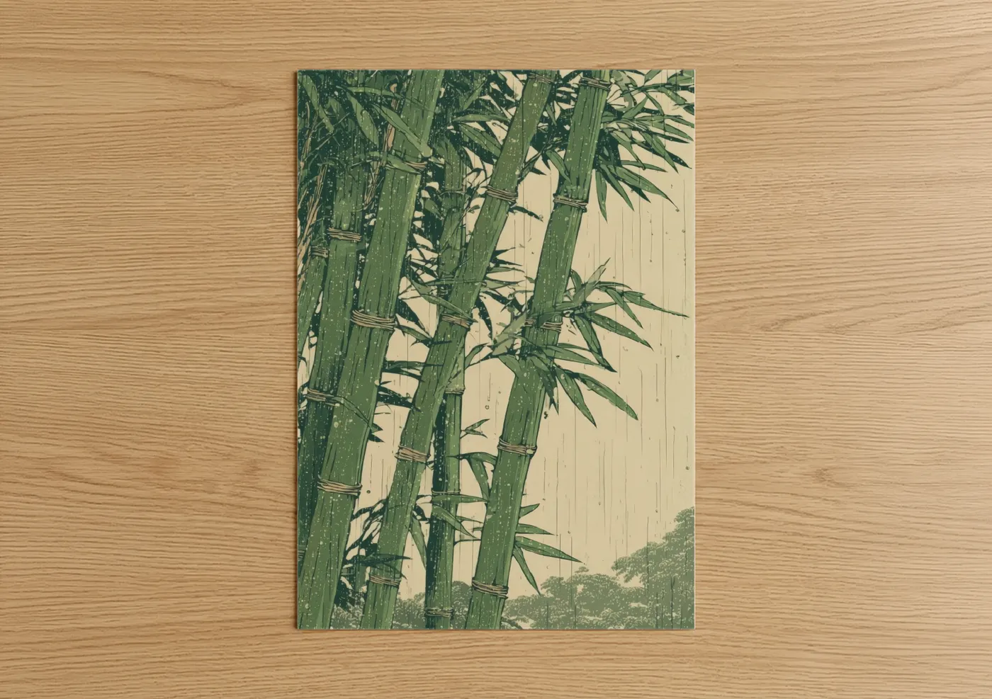 Art print on warm oak wood — light green and cream palette — Serene Bamboo Grove poster
