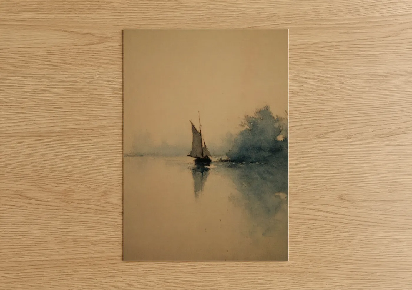 Art print on warm oak wood — beige and dove gray palette — Misty Sailing Ship poster