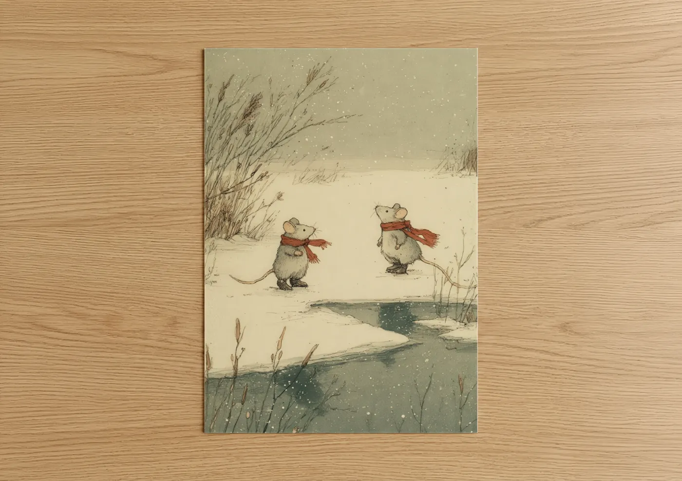 Winter Mice Friends Snowy Stream Wall Art