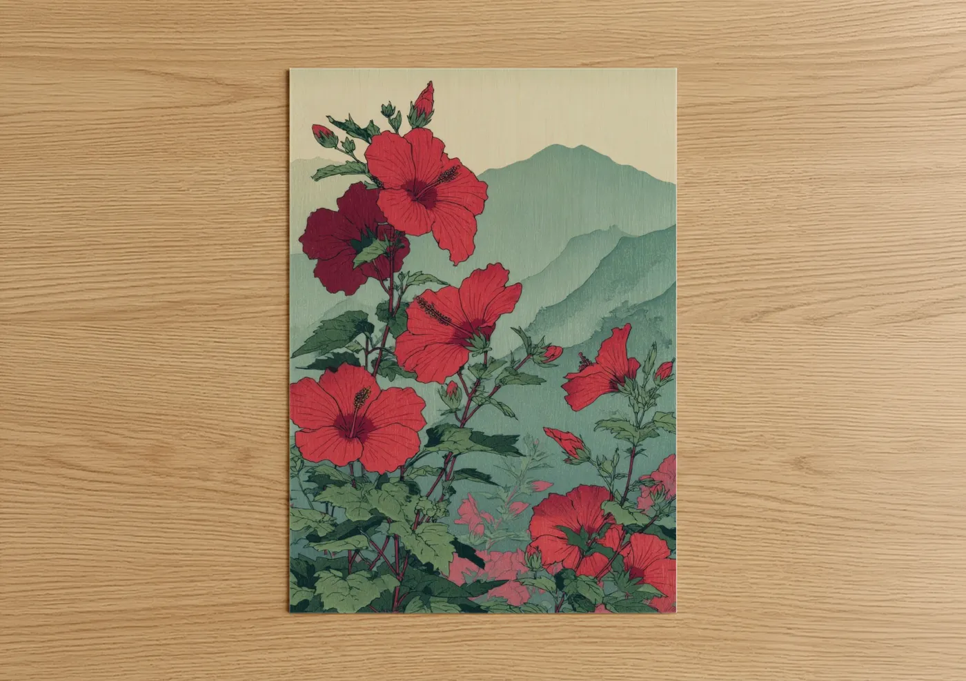 Red Hibiscus Mountain Landscape Wall Art