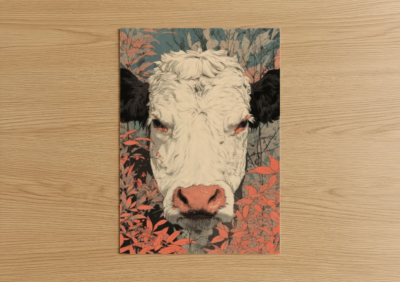 Hereford cow art print on warm oak wood — cream and russet palette — Cream Hereford poster