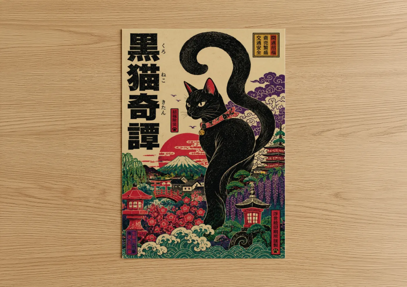 Art print on warm oak wood — black and red palette — Japanese Black Cat Mount Fuji Wall Art poster