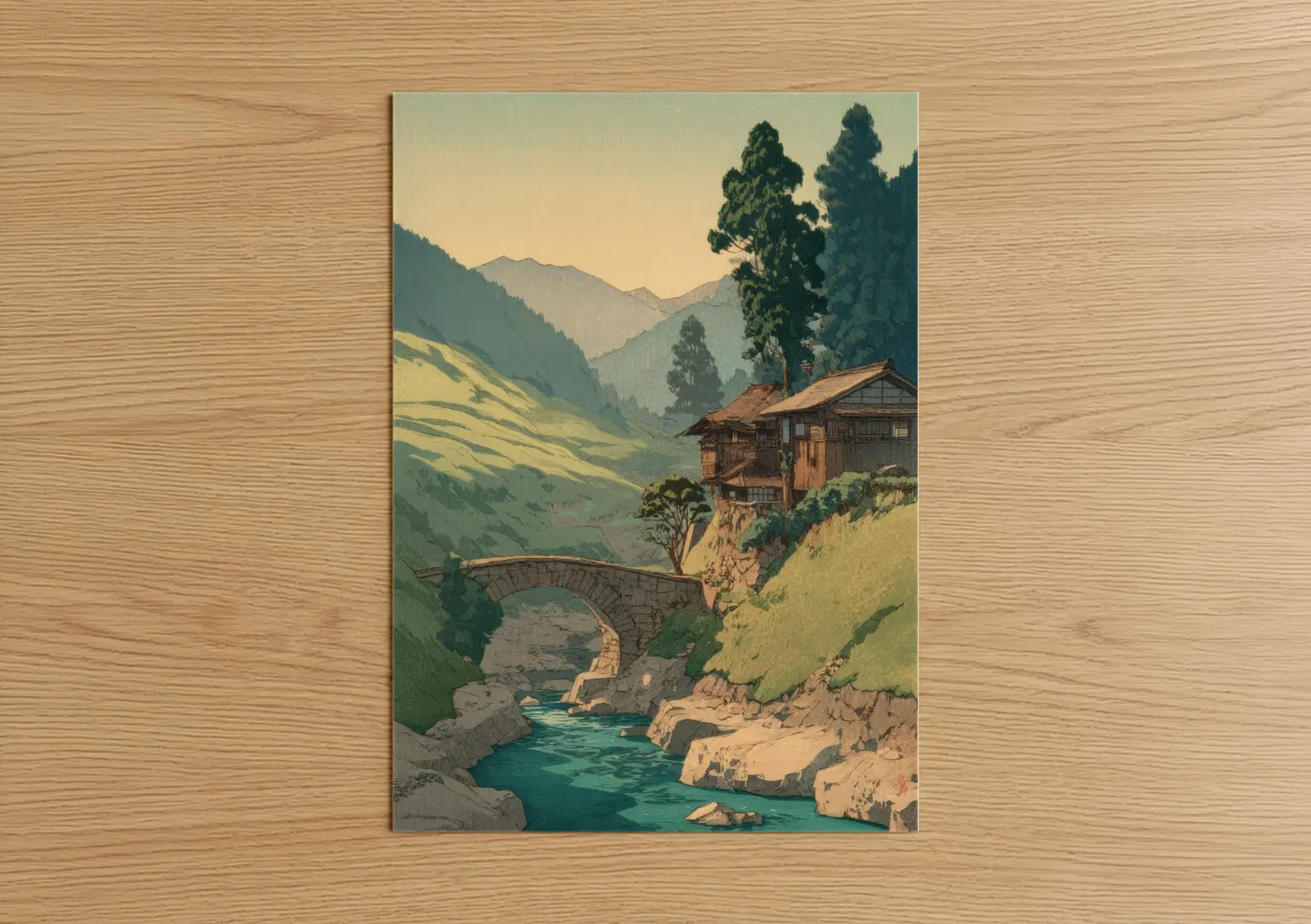 Mountain River Lodge Asian Art Print Wall Art