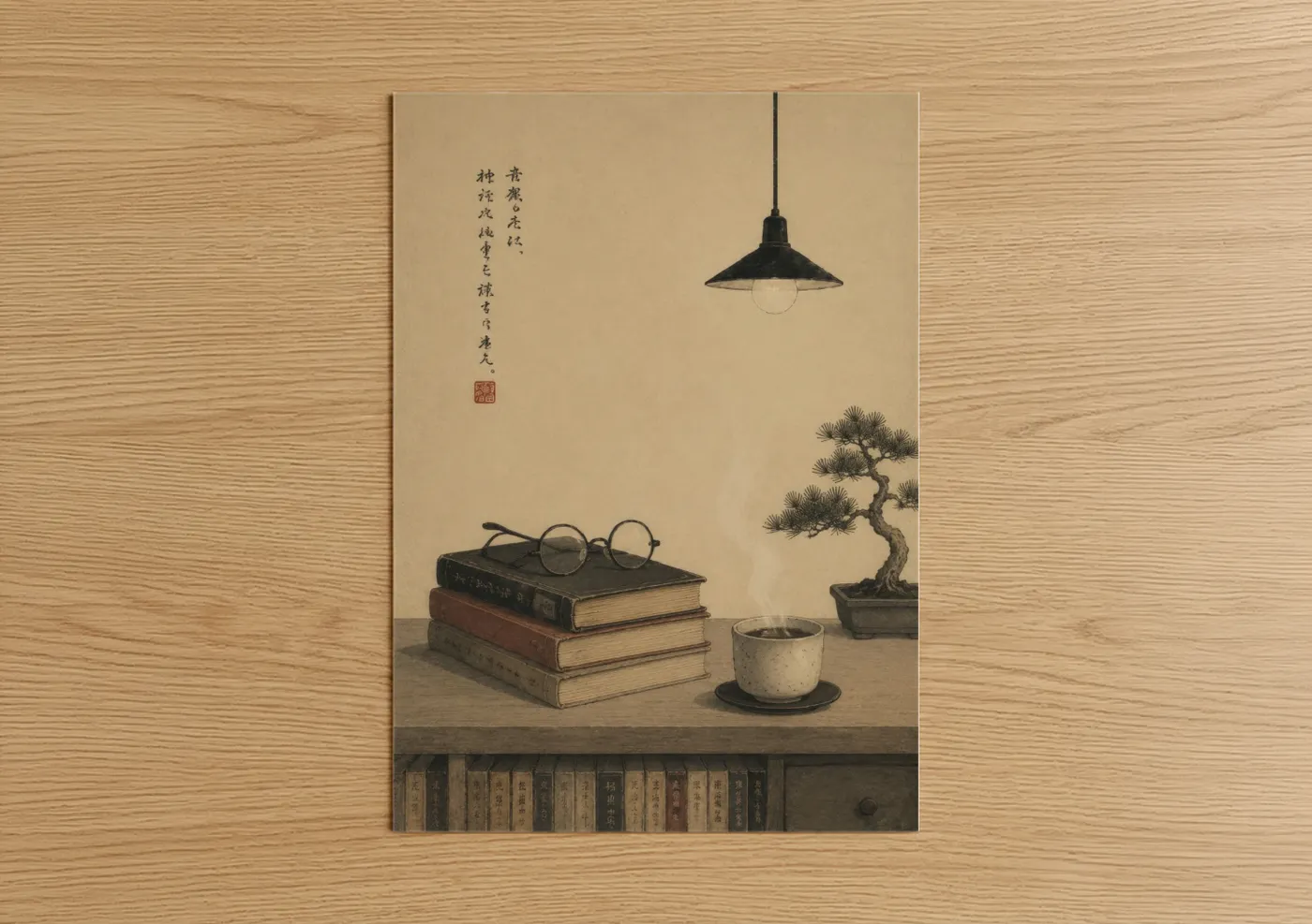 Bonsai tree art print on warm oak wood — beige and black palette — Japanese Bonsai Reading Nook Wall Art poster