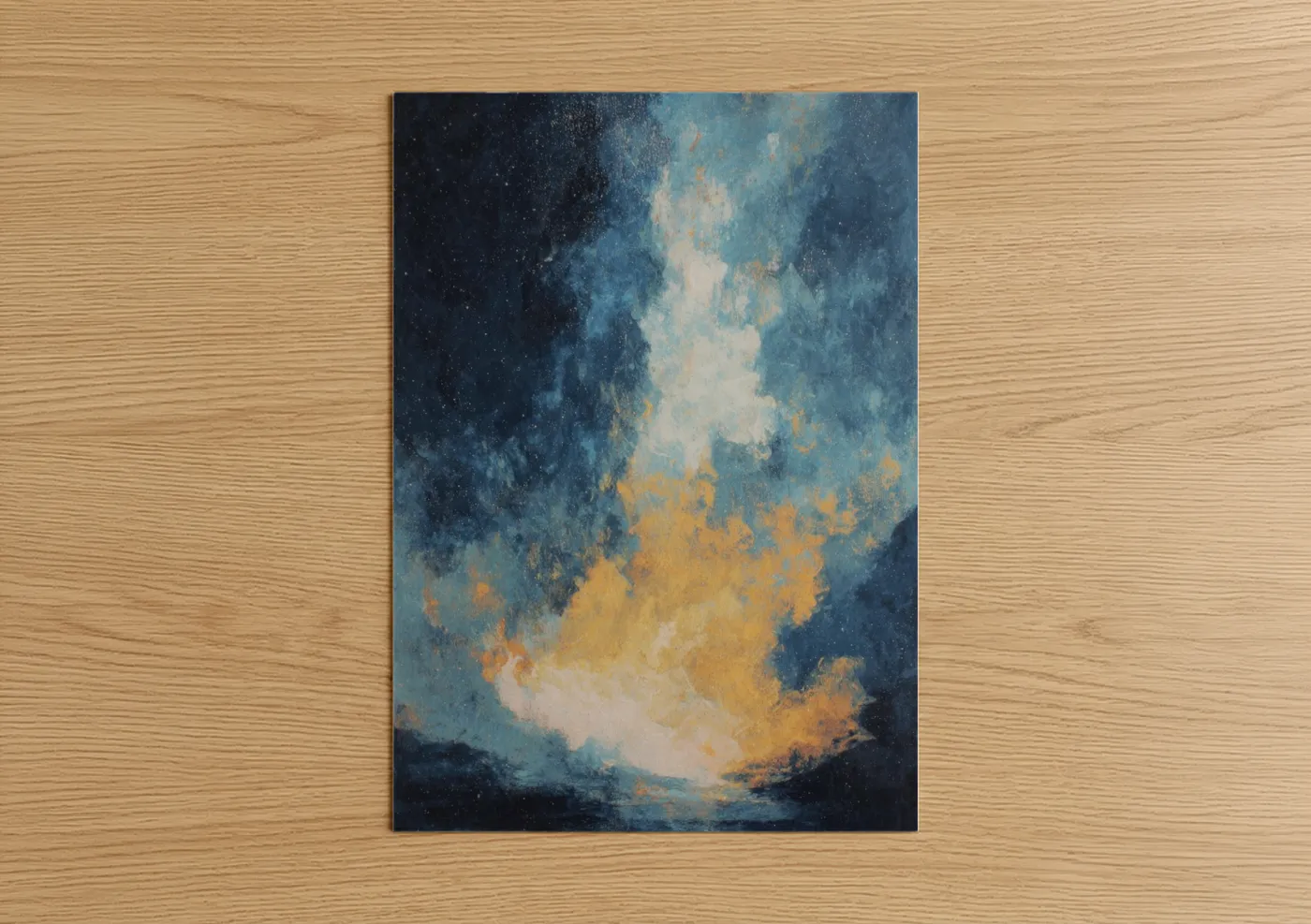 Art print on warm oak wood — blue and gold palette — Pentecost Light poster