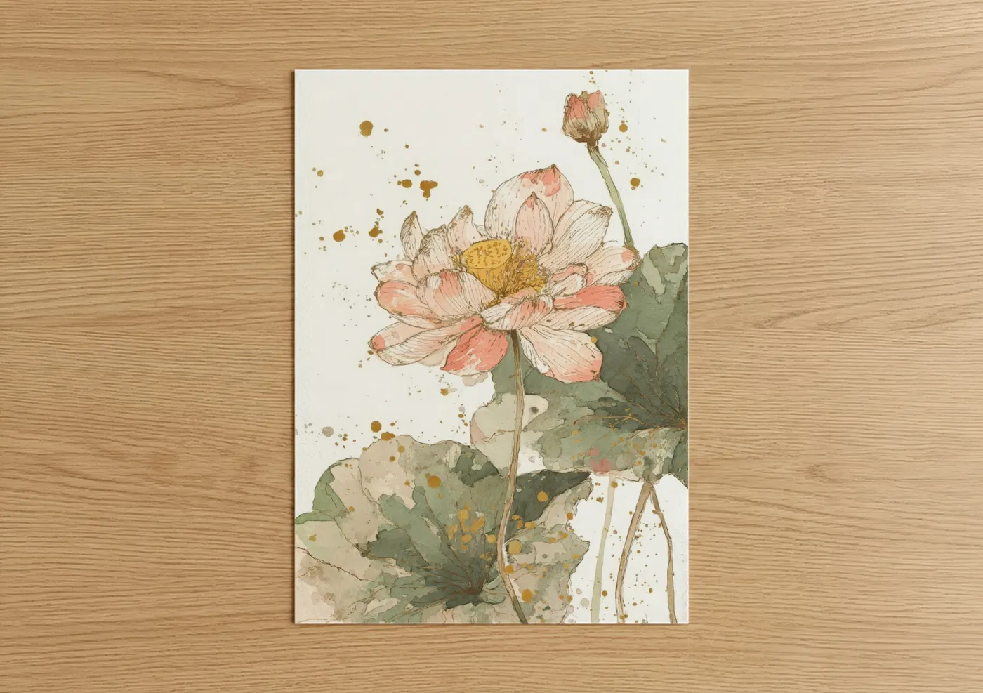 Art print on warm oak wood — peach and sage green palette — Peachy Lotus Bloom poster