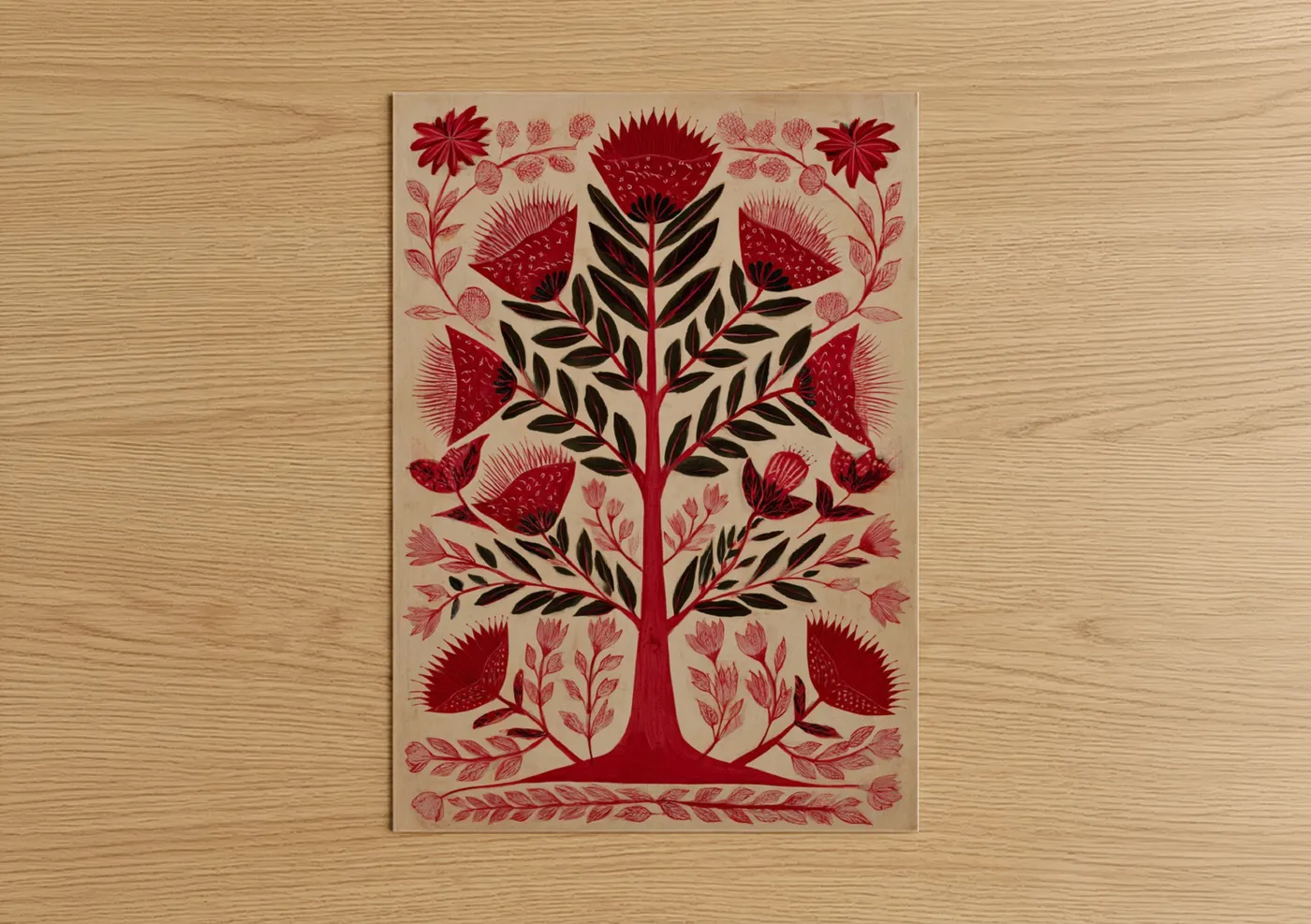 Crimson Botanical Tree Folk Art Print Wall Art