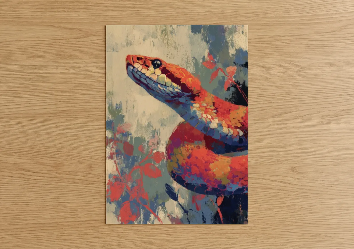 Art print on warm oak wood — red and dark blue palette — Crimson Viper poster