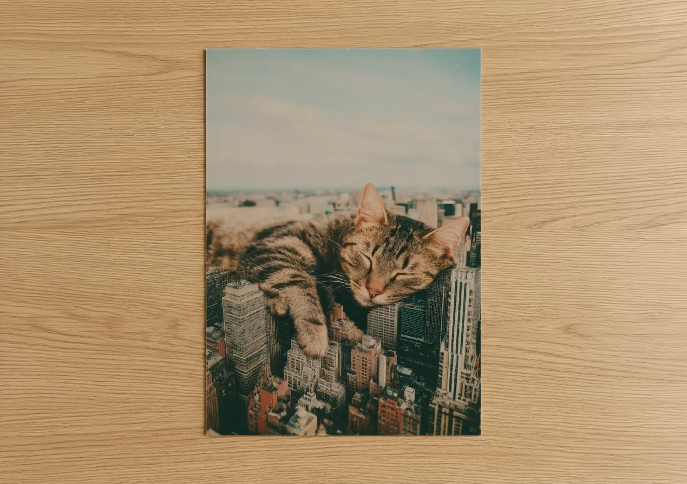 Art print on warm oak wood — dove gray and sage green palette — Giant Cat Cityscape poster