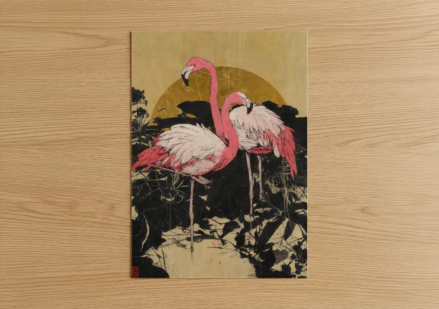 Golden Hour Flamingos Japanese Woodblock Wall Art