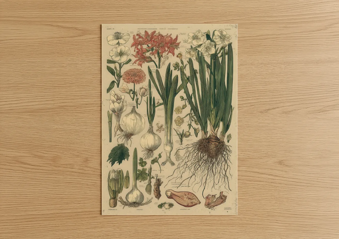 Art print on warm oak wood — cream and dark green palette — Spring Botanical Study poster