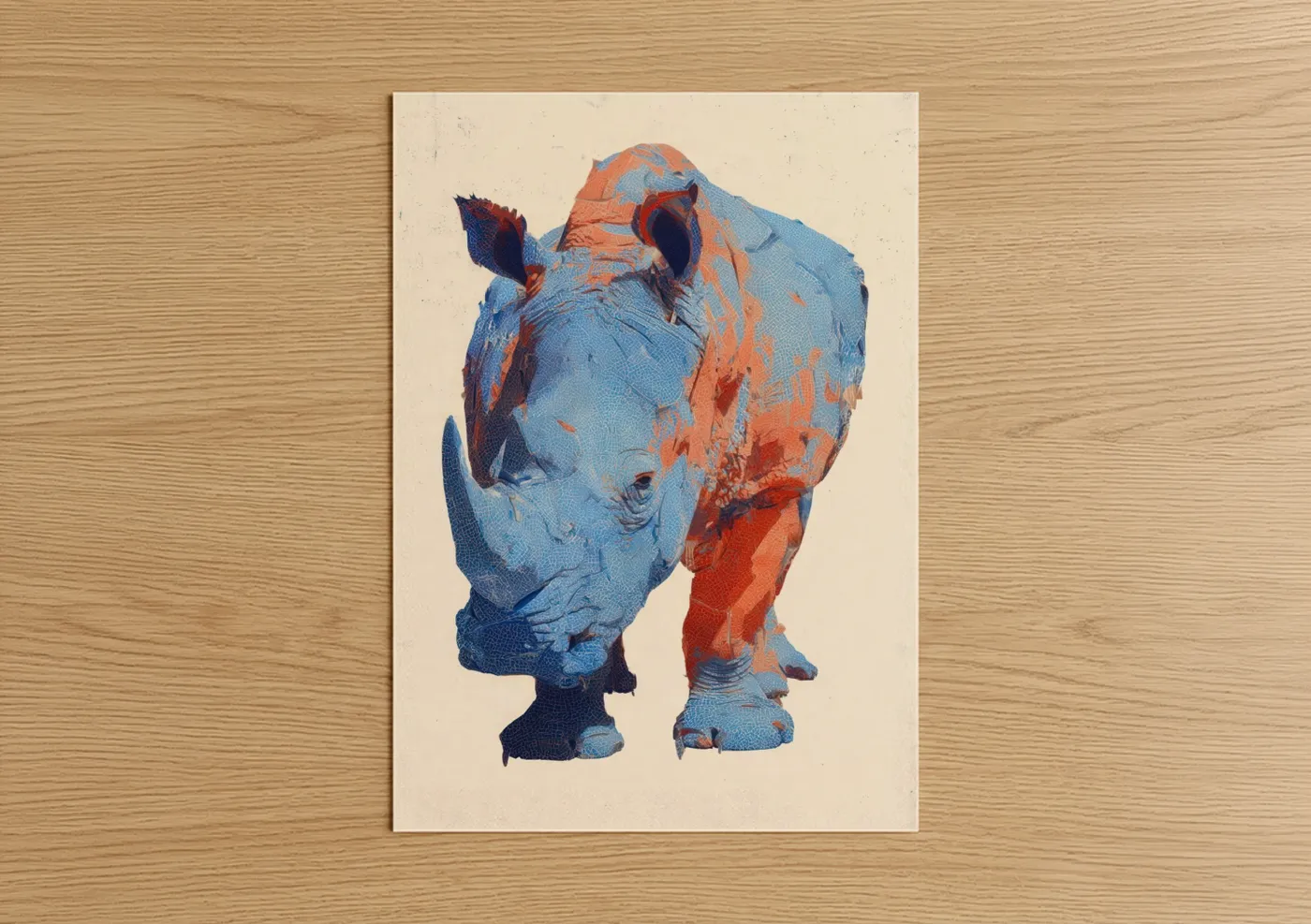 Art print on warm oak wood — blue and orange palette — Azure Rhino poster