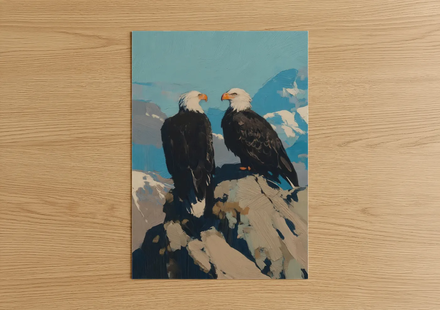 Art print on warm oak wood — blue and white palette — Mountain Eagles Pair poster