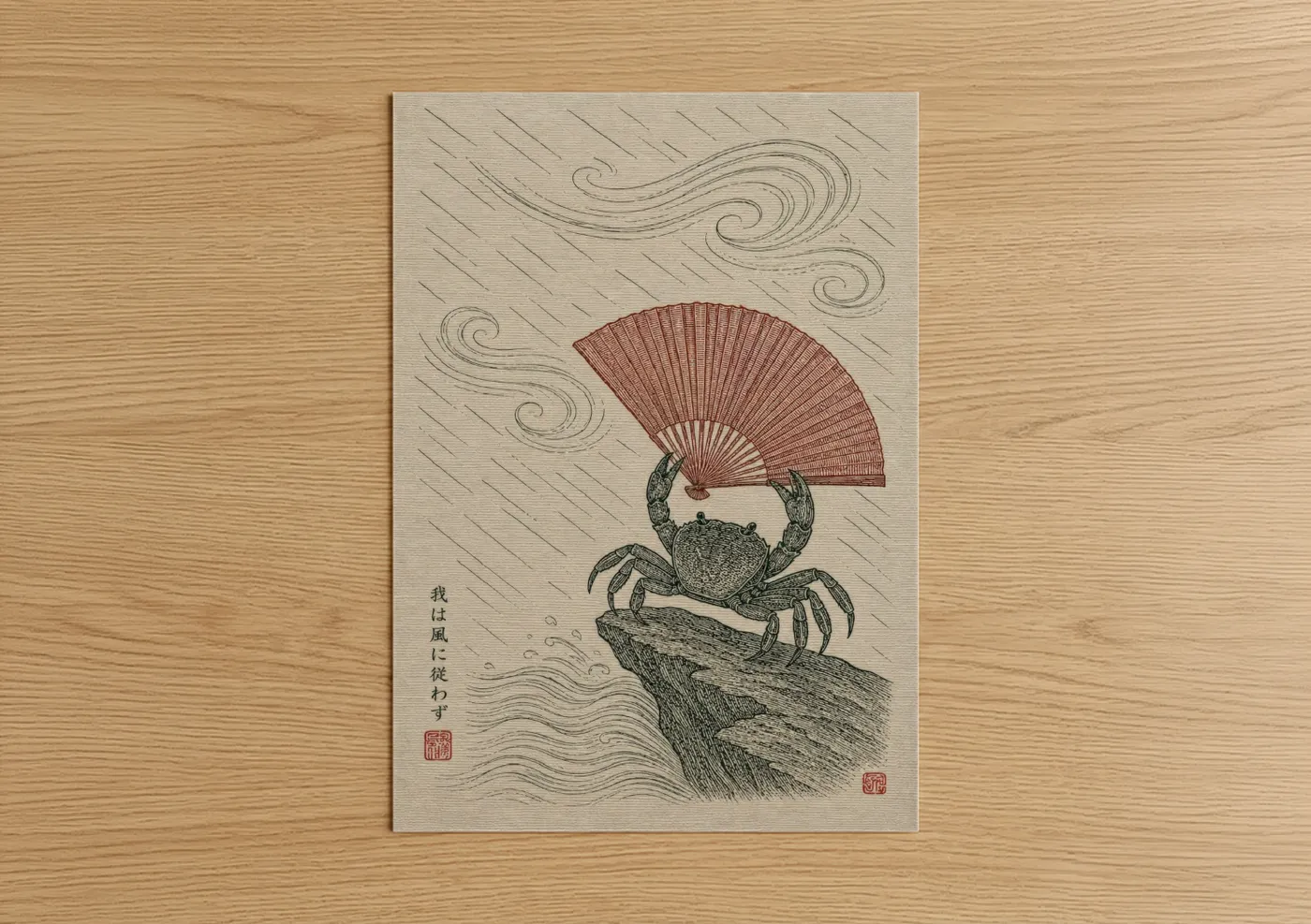 Art print on warm oak wood — beige and salmon pink palette — Japanese Crab With Fan Wall Art poster