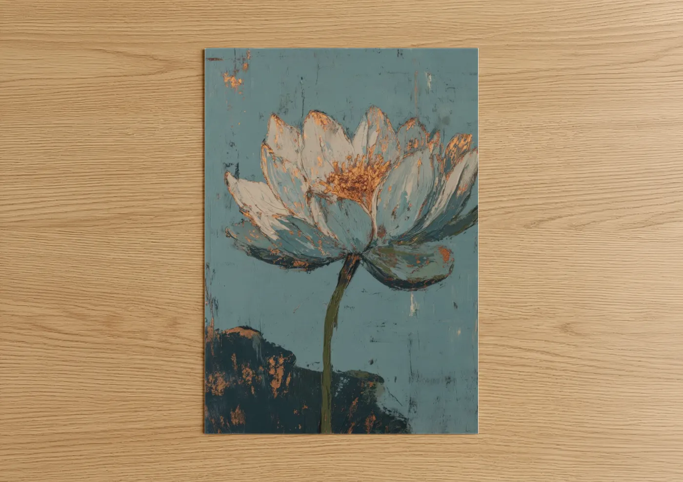 Art print on warm oak wood — teal and gold palette — Rustic Lotus Bloom poster