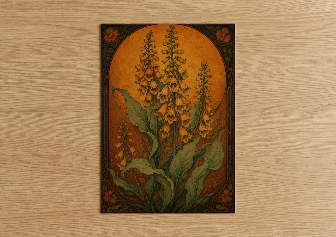 Flower art print on warm oak wood — orange and gold palette — Golden Botanical Bells Wall Art poster