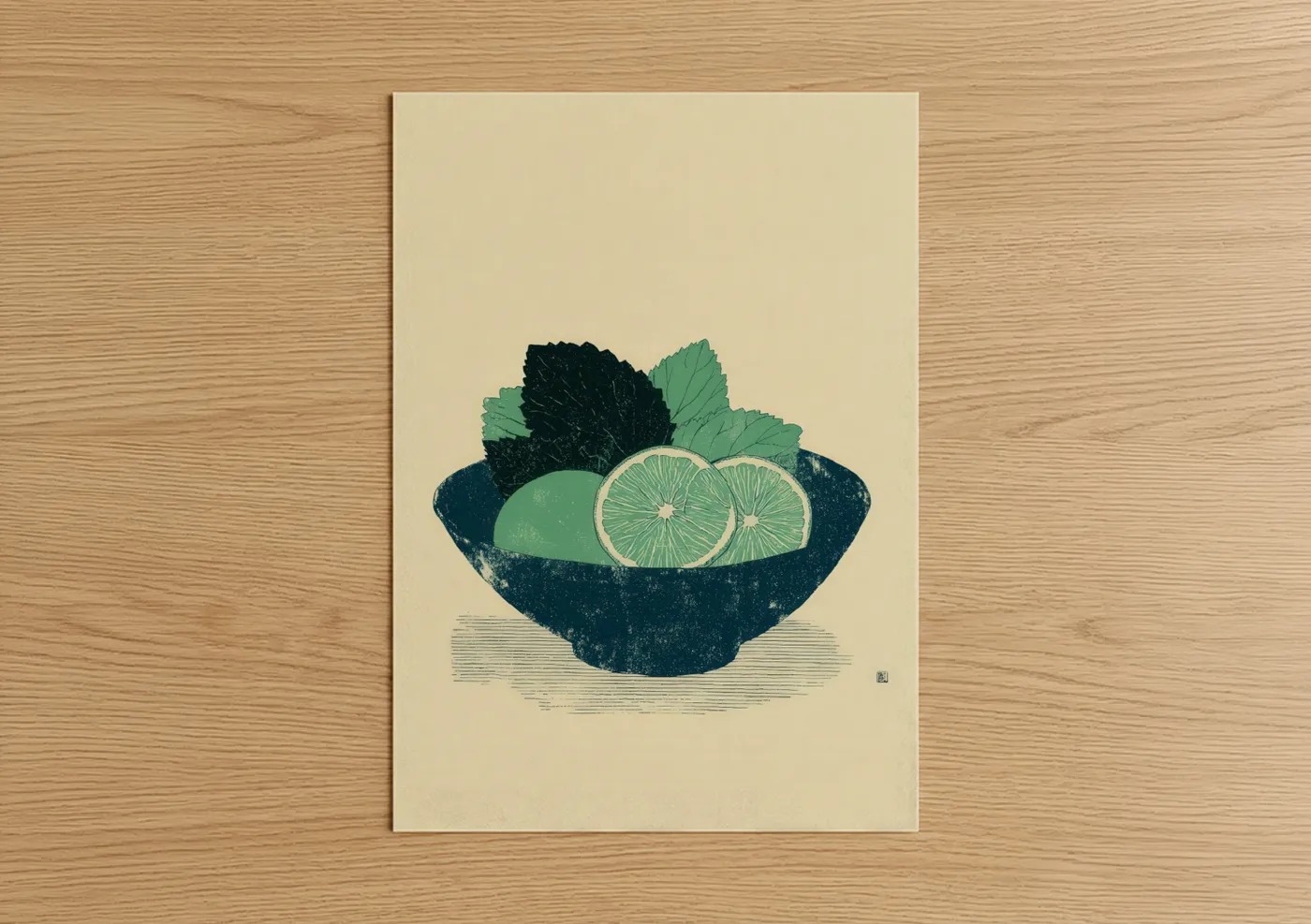 Art print on warm oak wood — teal and cream palette — Citrus Salad Bowl poster