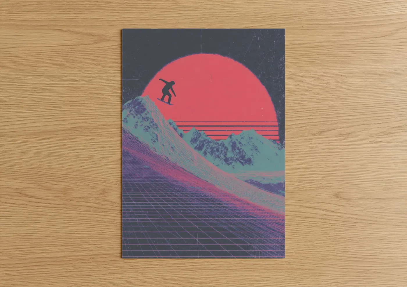 Neon Snowboarder Sunset Retro Wall Art