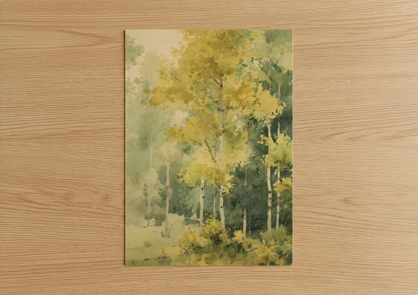 Art print on warm oak wood — yellow gold and sage green palette — Golden Aspen Forest poster