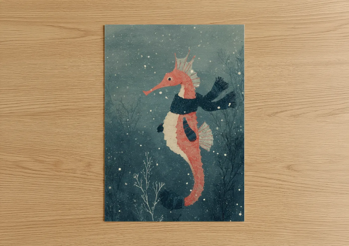 Sea horse art print on warm oak wood — teal and salmon pink palette — Winter Seahorse poster