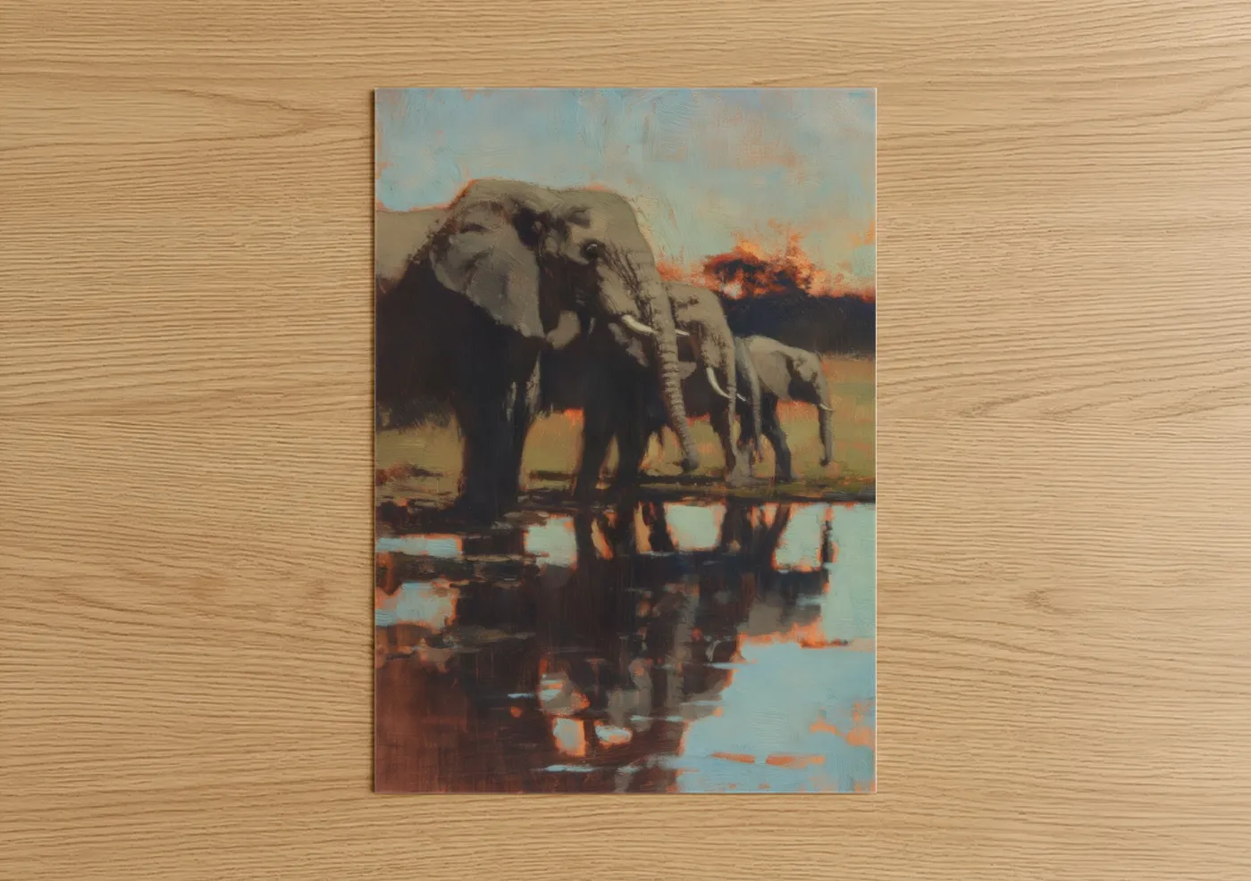Savanna Elephant Watering Hole Sunset Wall Art