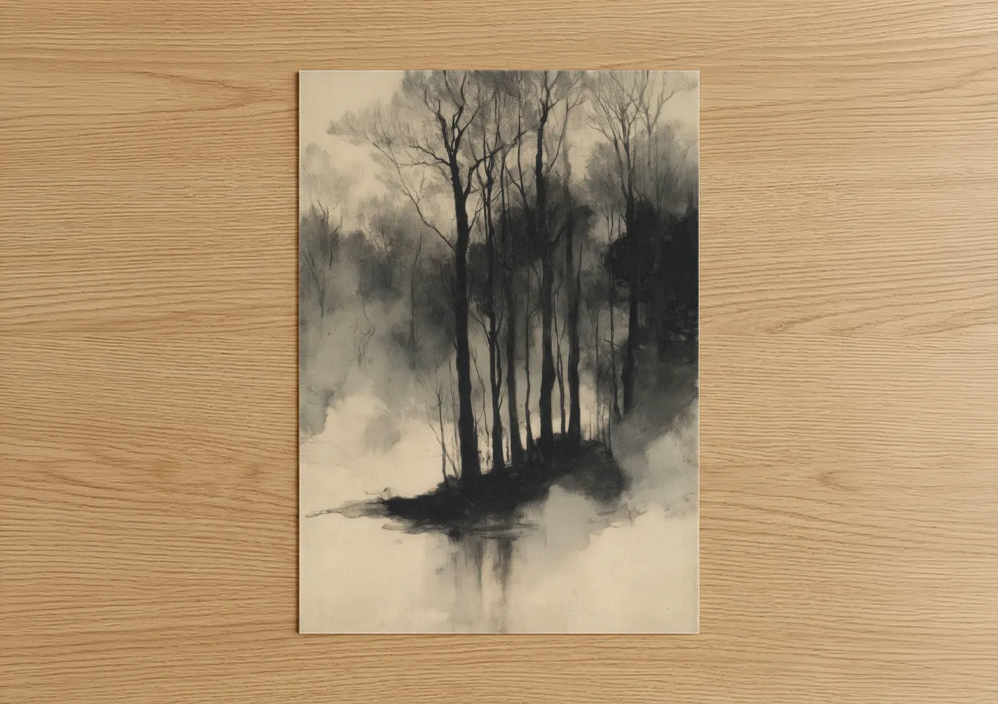 Forest trees art print on warm oak wood — black and white and gray palette — Misty Forest Reflection poster