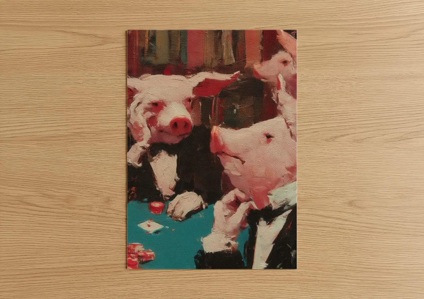Art print on warm oak wood — red and cream palette — High-Stakes Pigs poster
