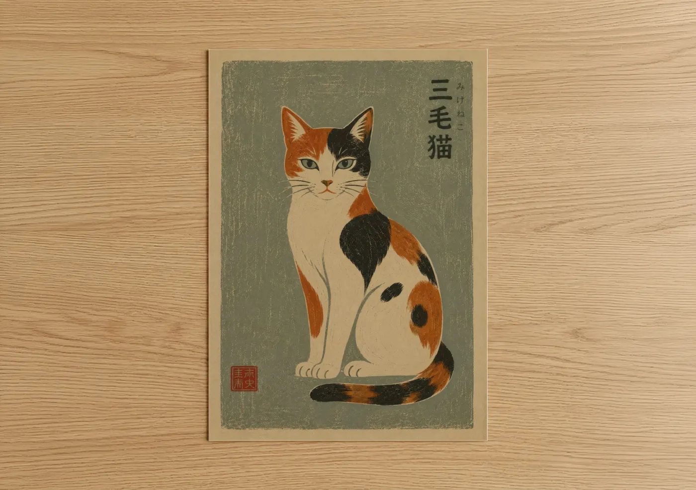 Art print on warm oak wood — sage green and beige palette — Japanese Calico Cat Wall Art poster