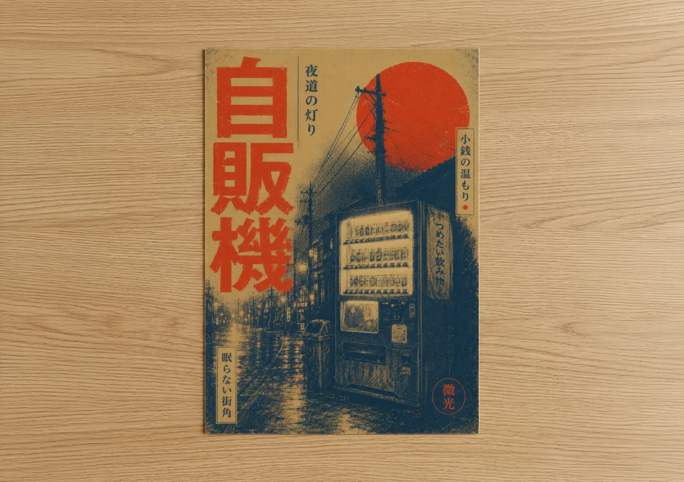 Art print on warm oak wood — orange and beige palette — Japanese Vending Machine Sunset Wall Art poster