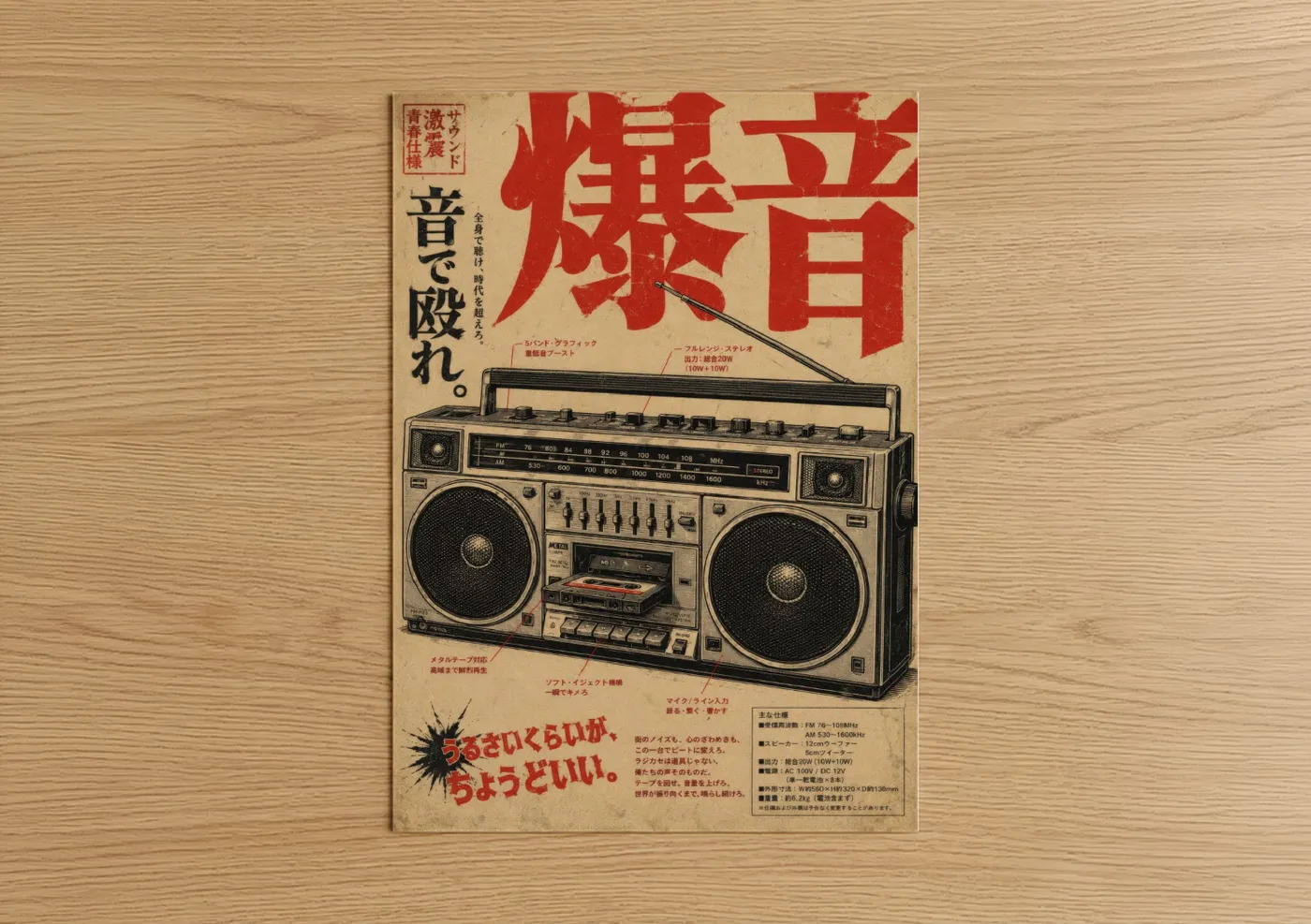 Art print on warm oak wood — red and beige palette — Vintage Japanese Boombox Wall Art poster