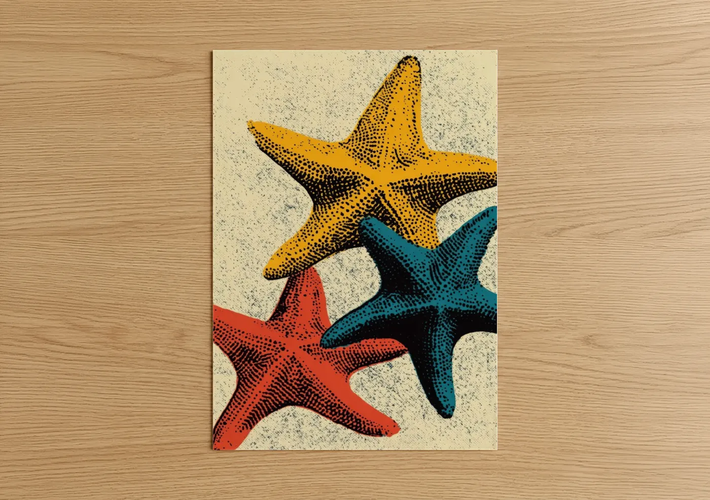 Art print on warm oak wood — gold and teal palette — Colorful Starfish Trio poster