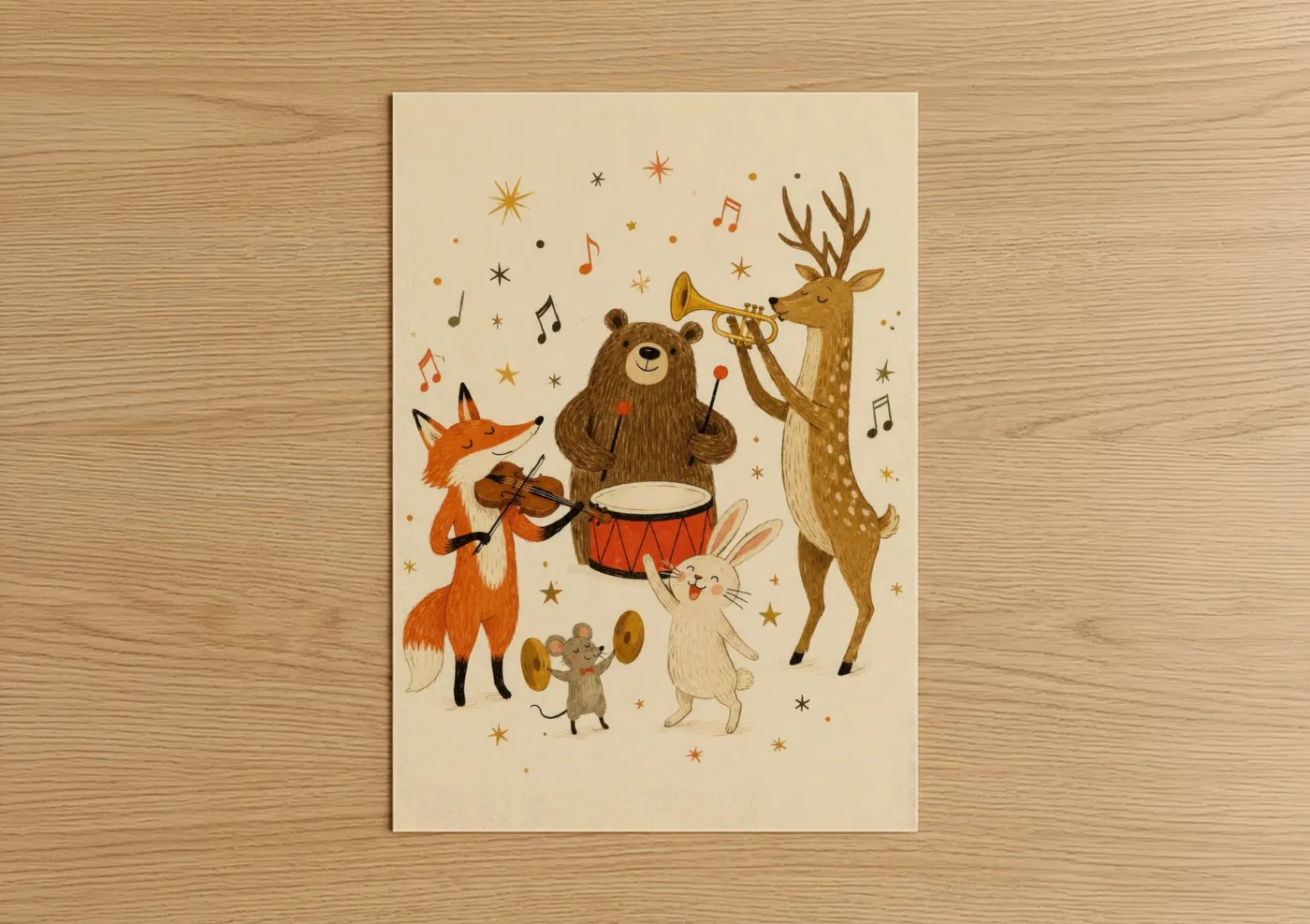 Bear art print on warm oak wood — beige and gamboge palette — Woodland Animal Musicians Wall Art poster