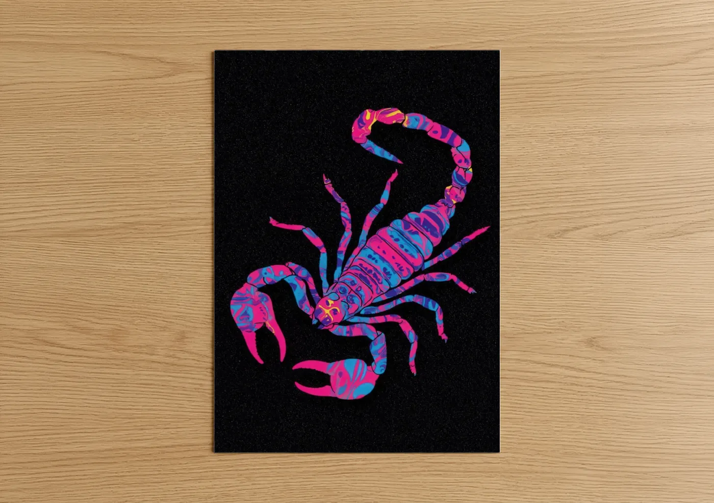 Scorpions art print on warm oak wood — magenta and blue palette — Neon Scorpion poster