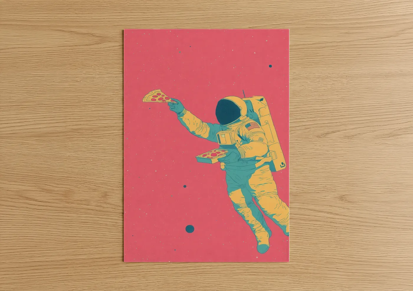 Art print on warm oak wood — pink and yellow gold palette — Pizza Astronaut poster