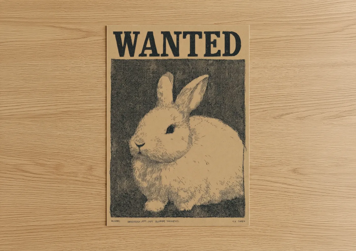 Easter art print on warm oak wood — beige and black palette — Wanted Rabbit poster