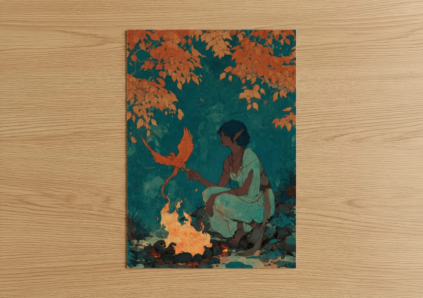 Elf art print on warm oak wood — orange and teal palette — Firebird's Encounter poster