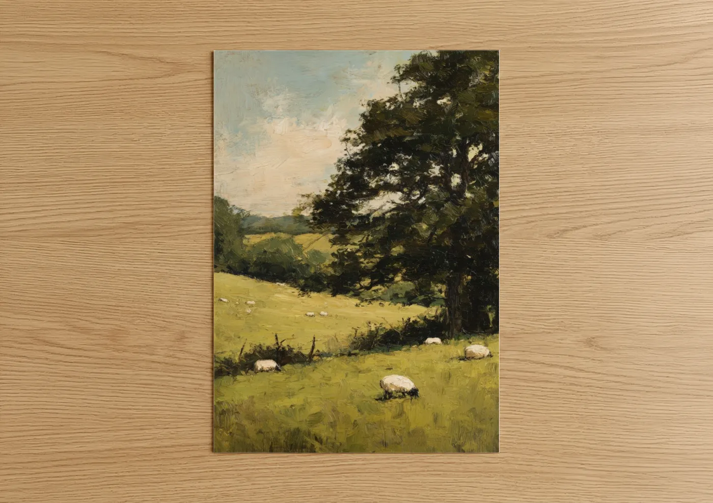 Pastoral Green Field with Grazing Sheep Wall Art