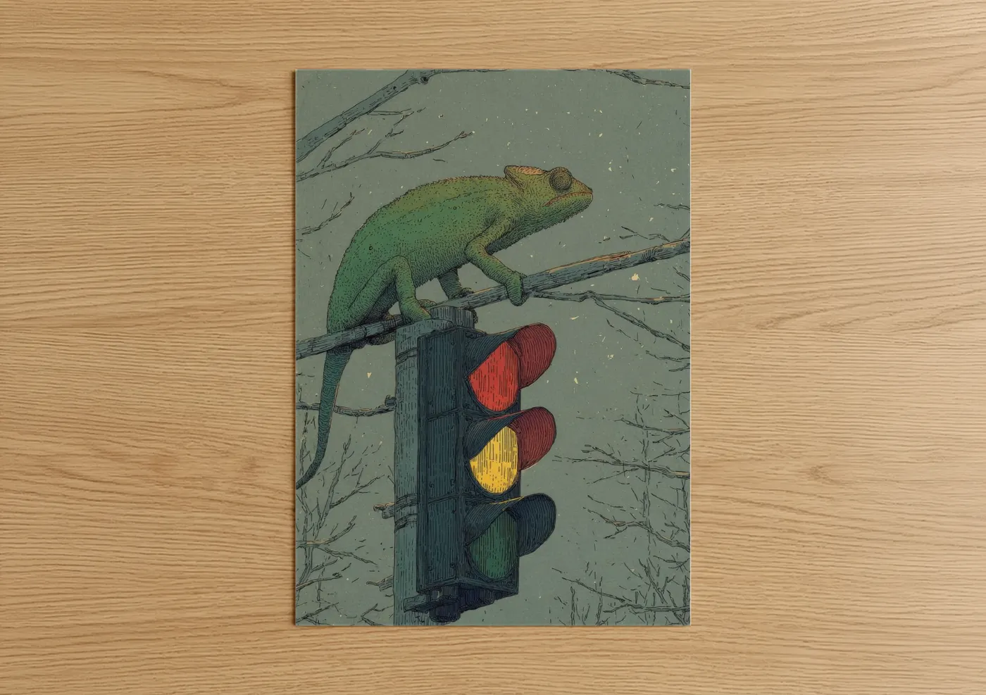 Art print on warm oak wood — sage green and gray palette — Traffic Light Chameleon poster
